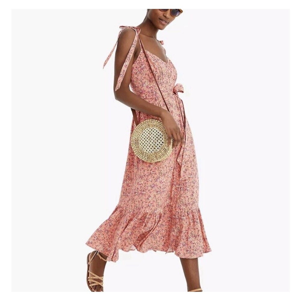 J Crew Pink Floral Button Front Tie Strap Ruffle Hem Cottagecore Maxi Dress 0